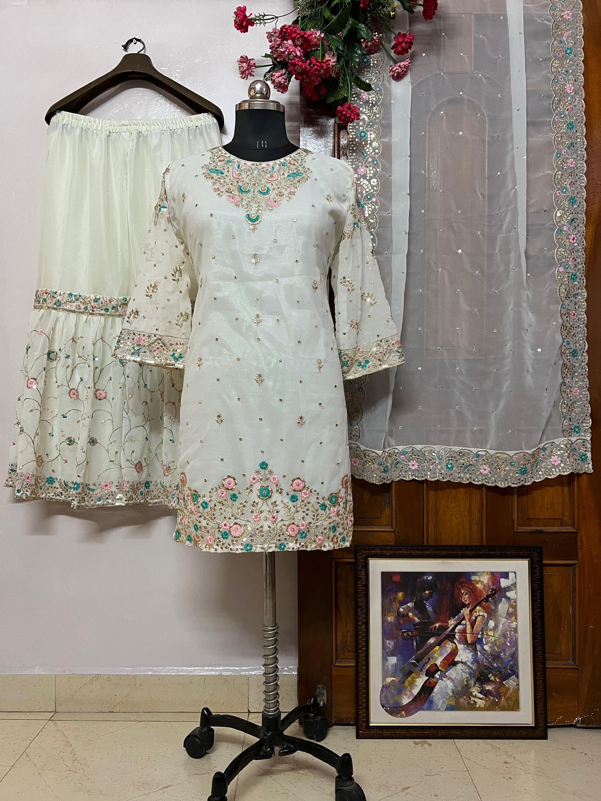 White Embroidered Sharara Suit for Women - 3 Piece Festive Set