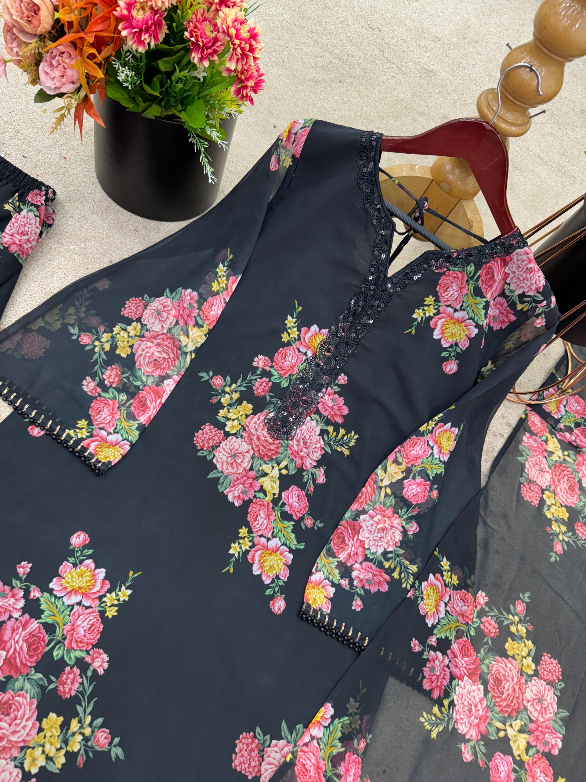 Black Floral Farshi Salwar suit for women in UAE