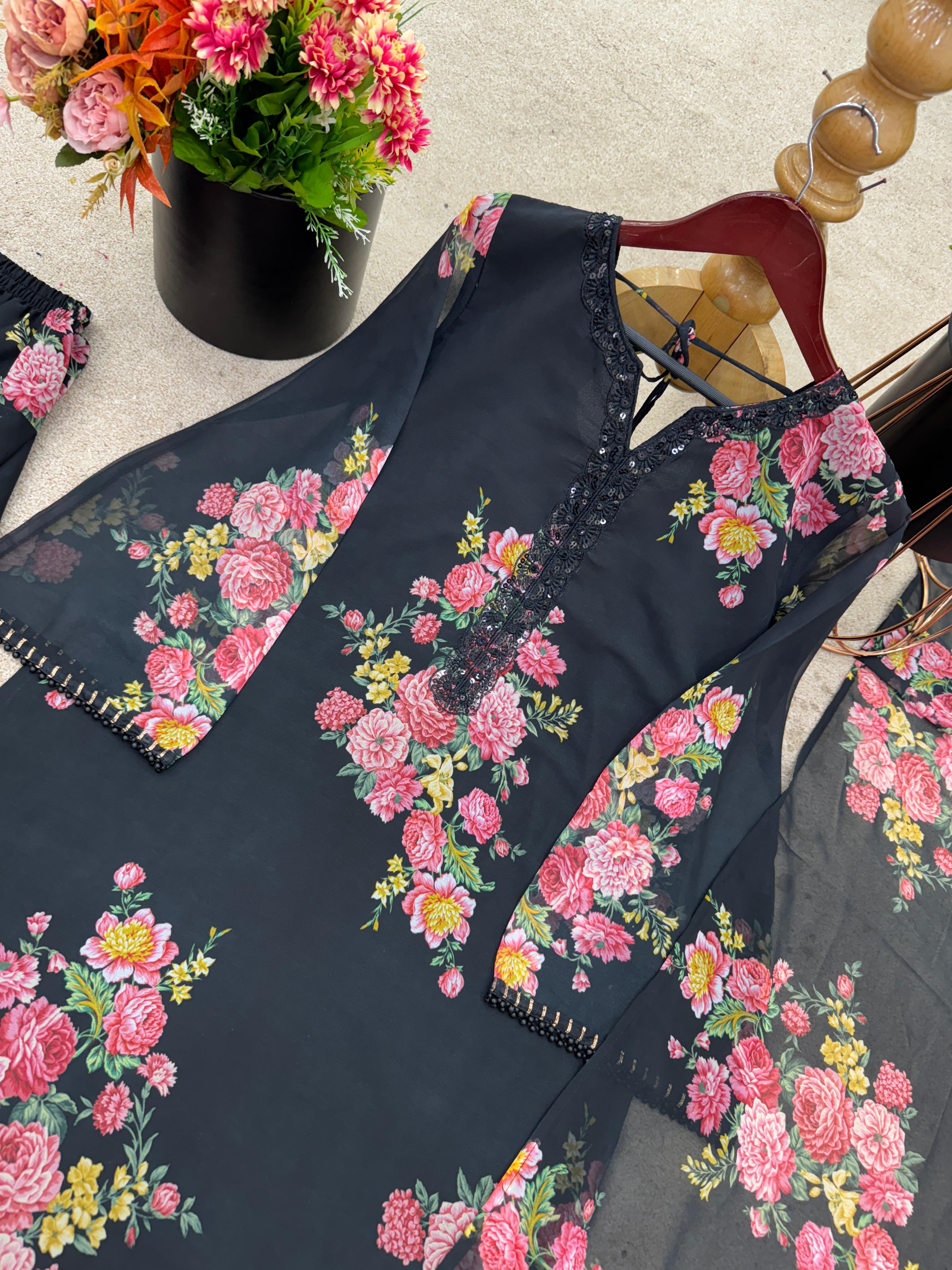 Black Floral Farshi Salwar suit for women in UAE