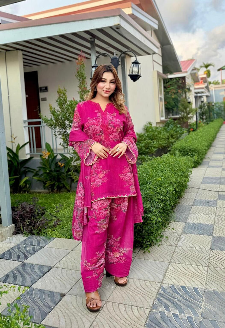 Hot Pink Floral Farshi Salwar suit for women in UAE