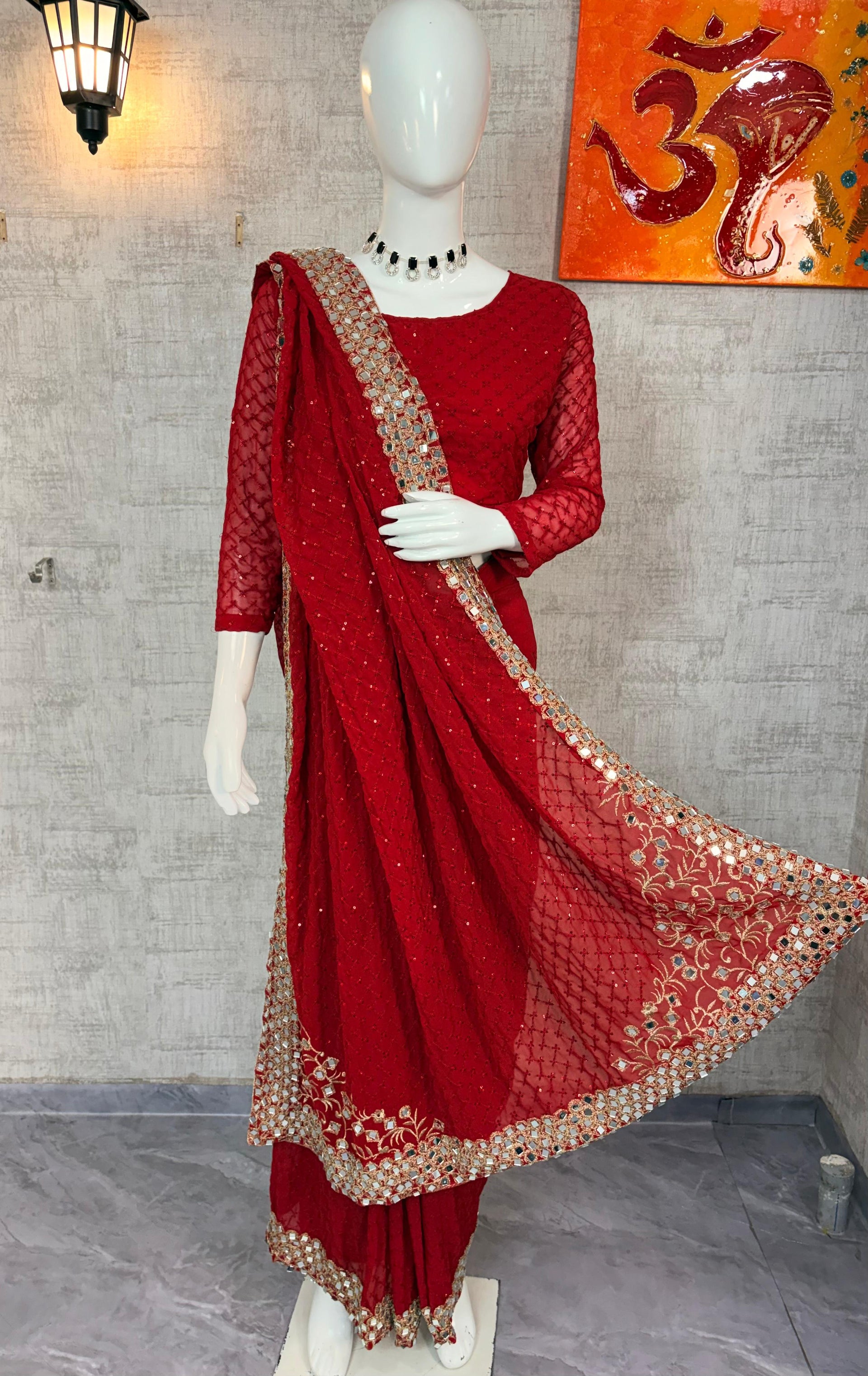 The Ruby Radiance: Sequin & Mirror Work Designer pre-draped style Saree 🔥