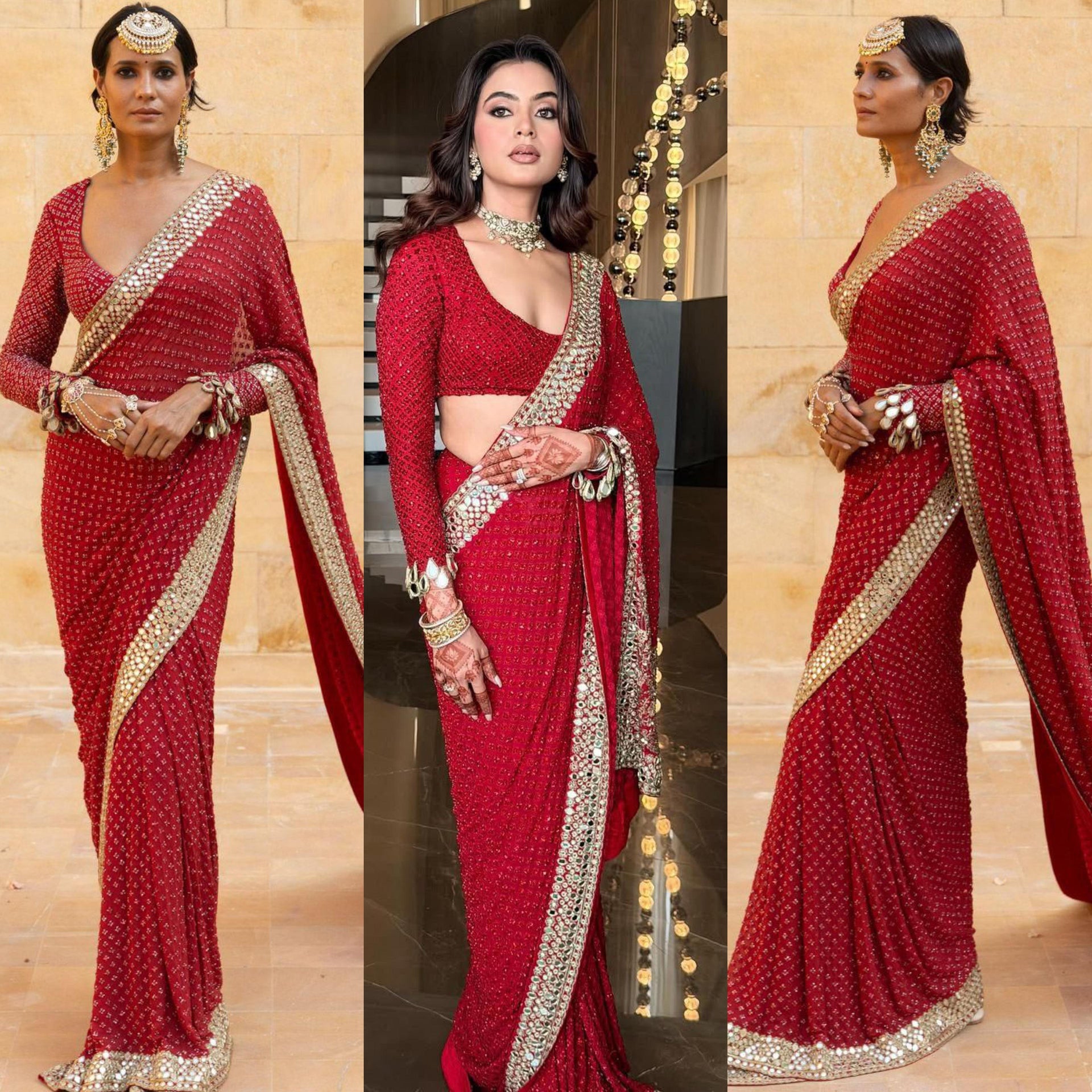 The Ruby Radiance: Sequin & Mirror Work Designer pre-draped style Saree 🔥