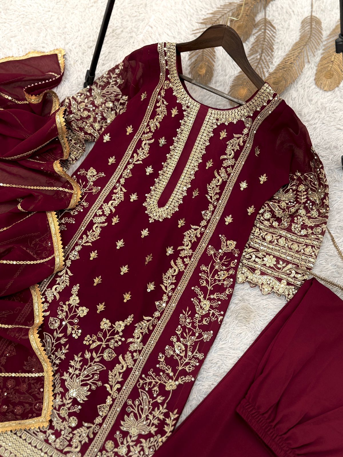 Regal Maroon & Gold Embroidered Suit