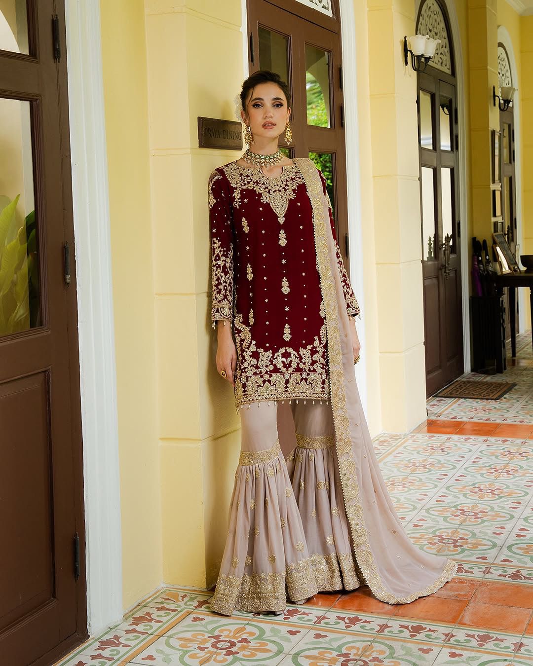 Embroidered MaroonGharara Suit - Eid Collection 3-Piece Set