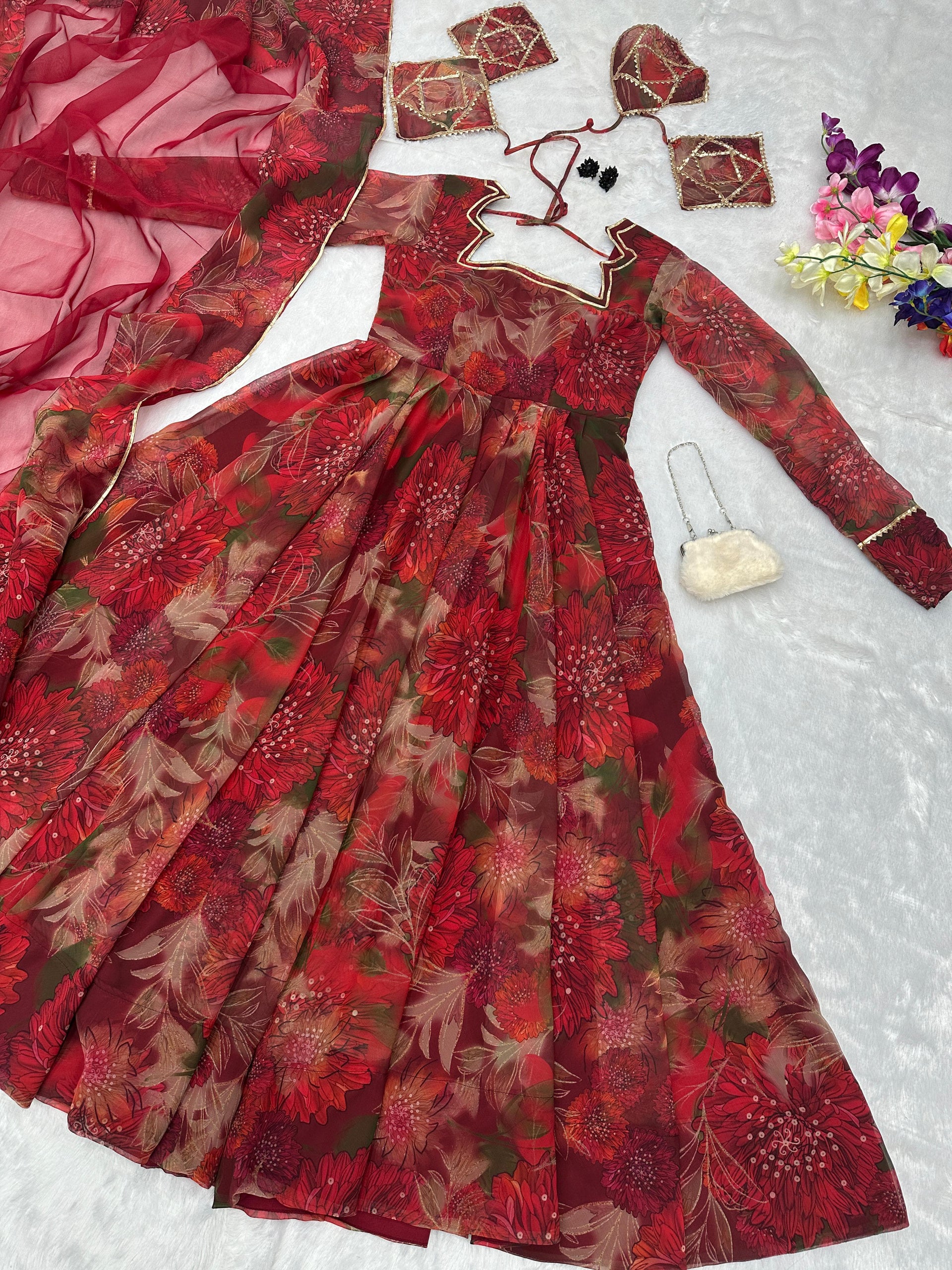 The Gown Gallery Maroon Floral Digital Print Gown Set