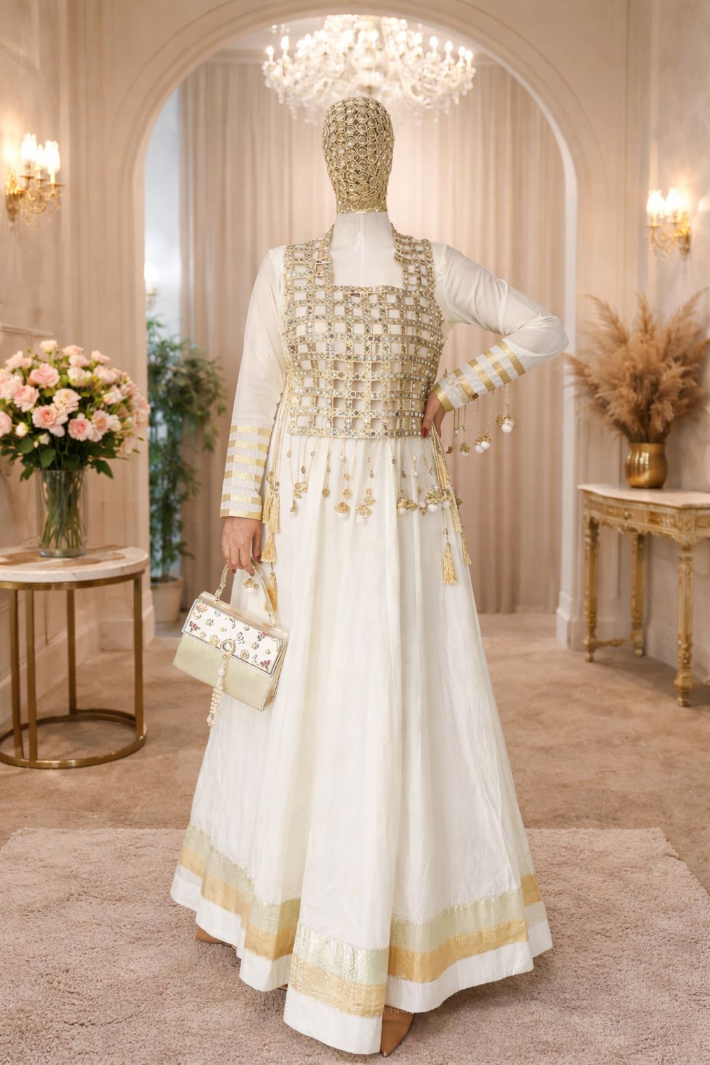 Cream and Gold Mirror-Work Anarkali with Embellished Vest