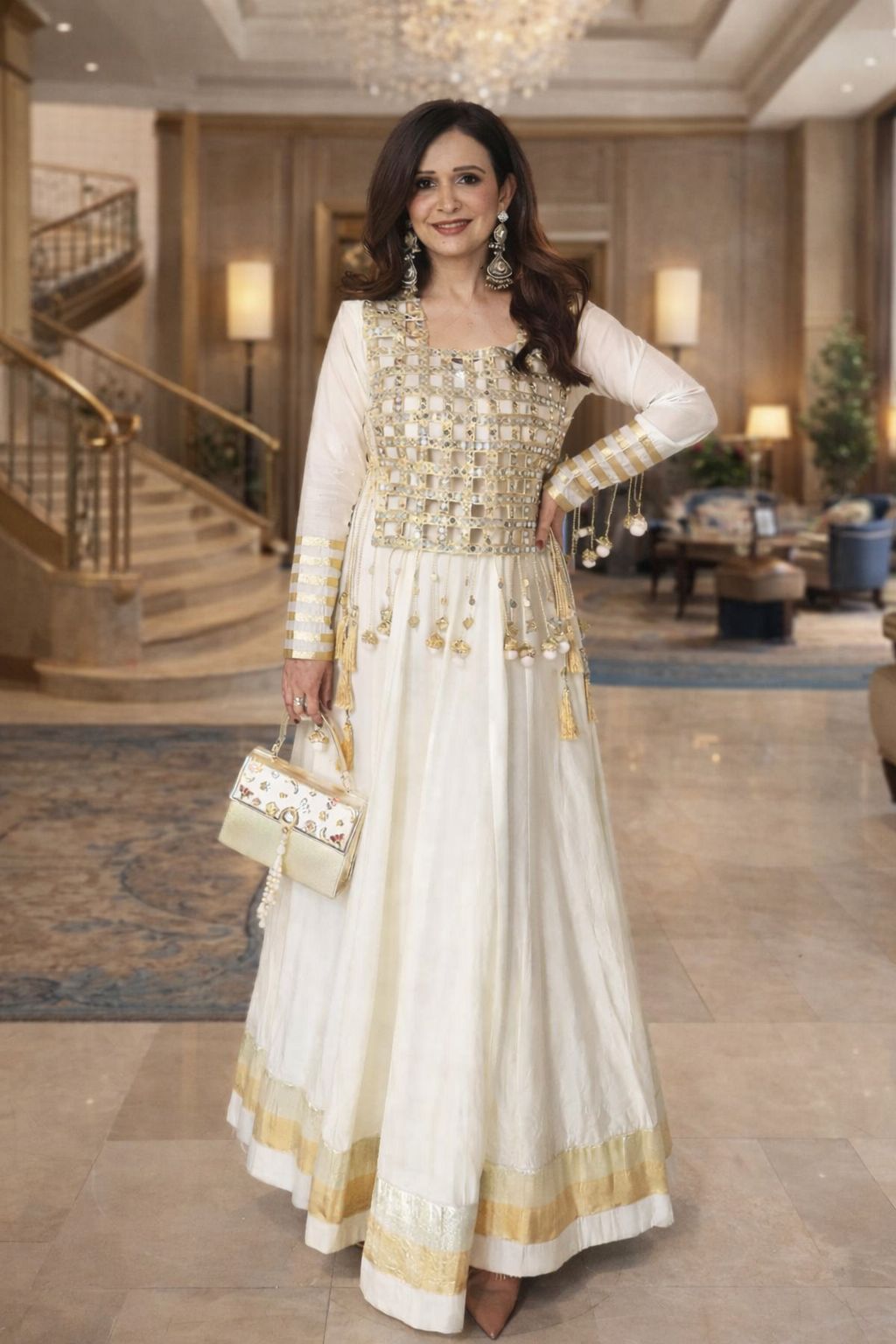 Cream and Gold Mirror-Work Anarkali with Embellished Vest