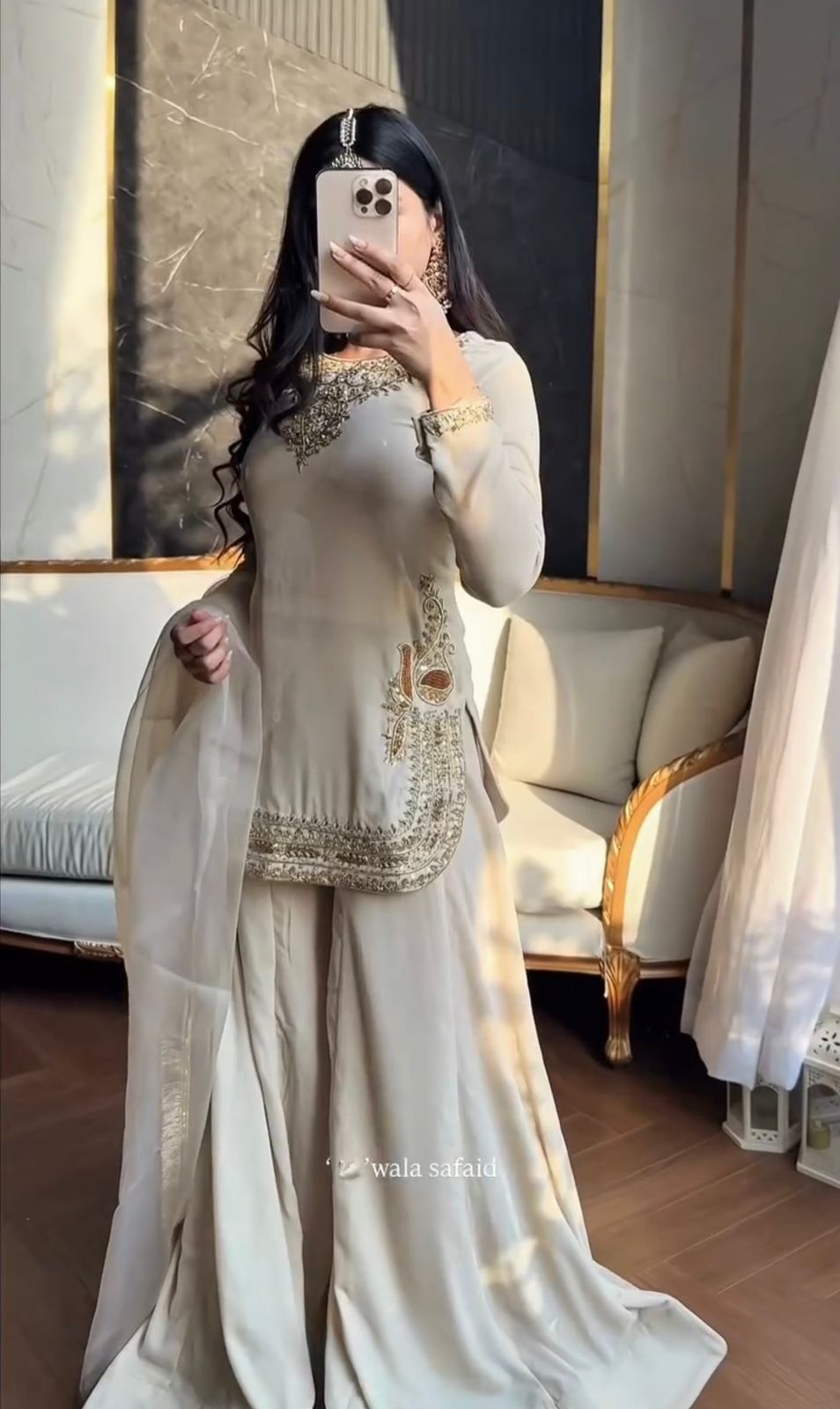Luxe Ivory Crinkle Silk Gharara Suit with Embellished Neckline