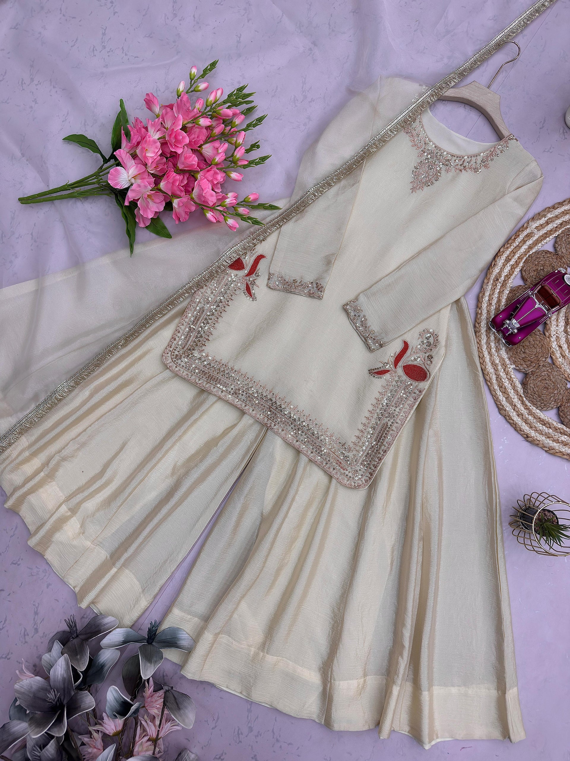 Luxe Ivory Crinkle Silk Gharara Suit with Embellished Neckline