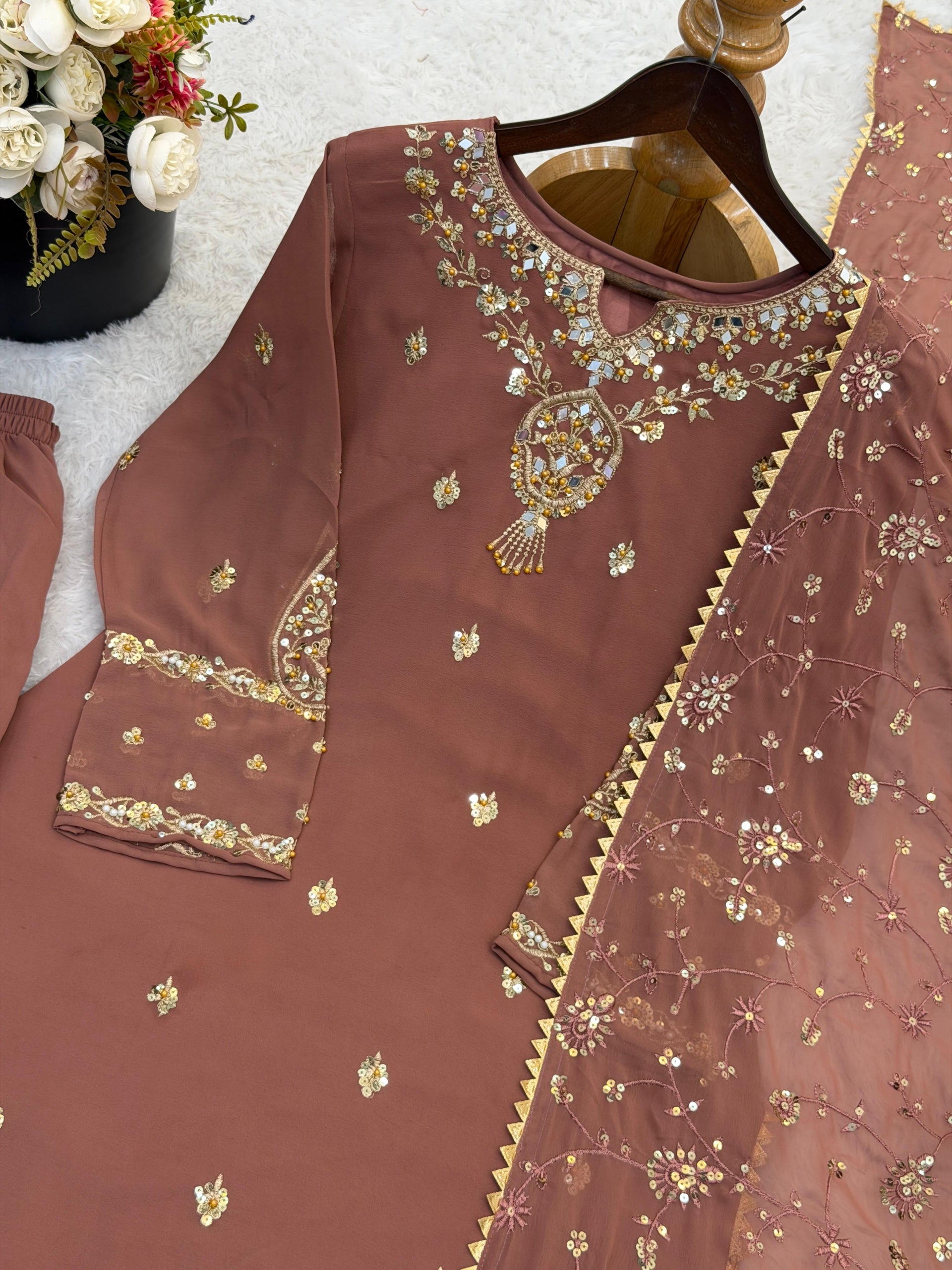 Antique Rose Mirror-Work Georgette Salwar Kameez Set