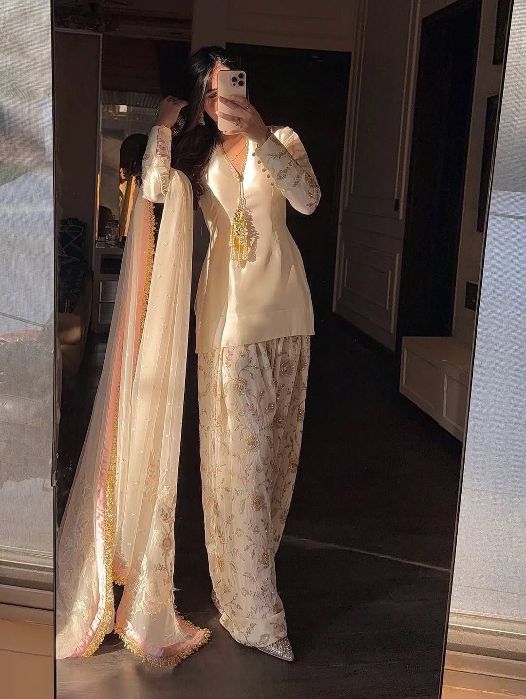 Women’s Ivory Embroidered Suit Set with Farshishalwar – Traditional Party Wear