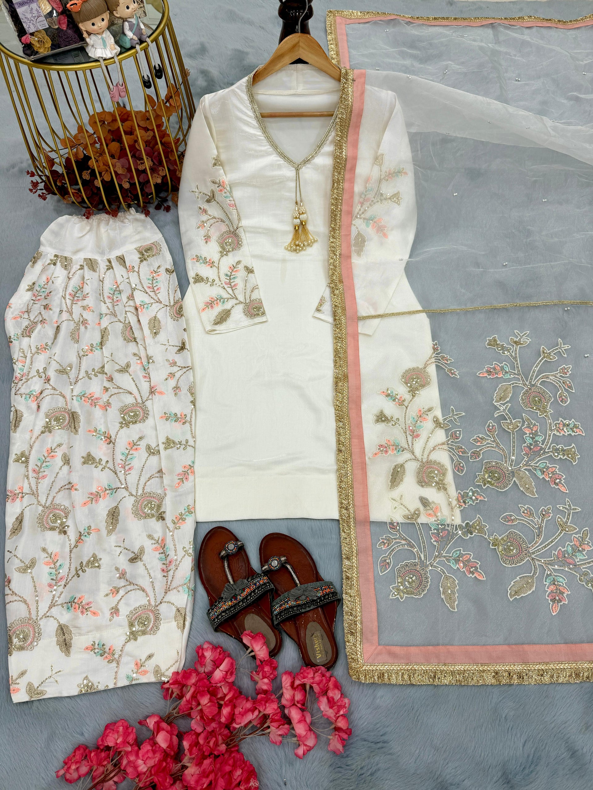 Women’s Ivory Embroidered Suit Set with Farshishalwar – Traditional Party Wear