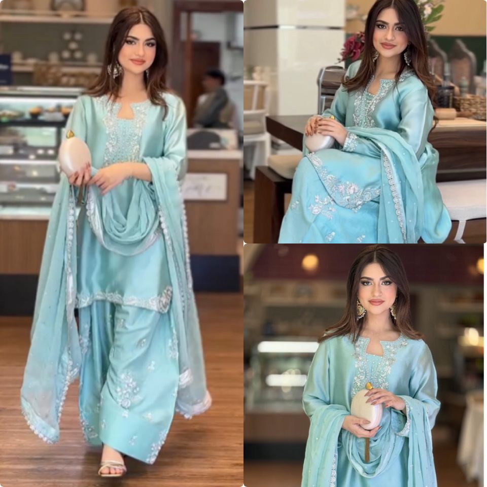Embroidered Silk Kurta Set in Pastel Blue With Farshi salwar AF-040
