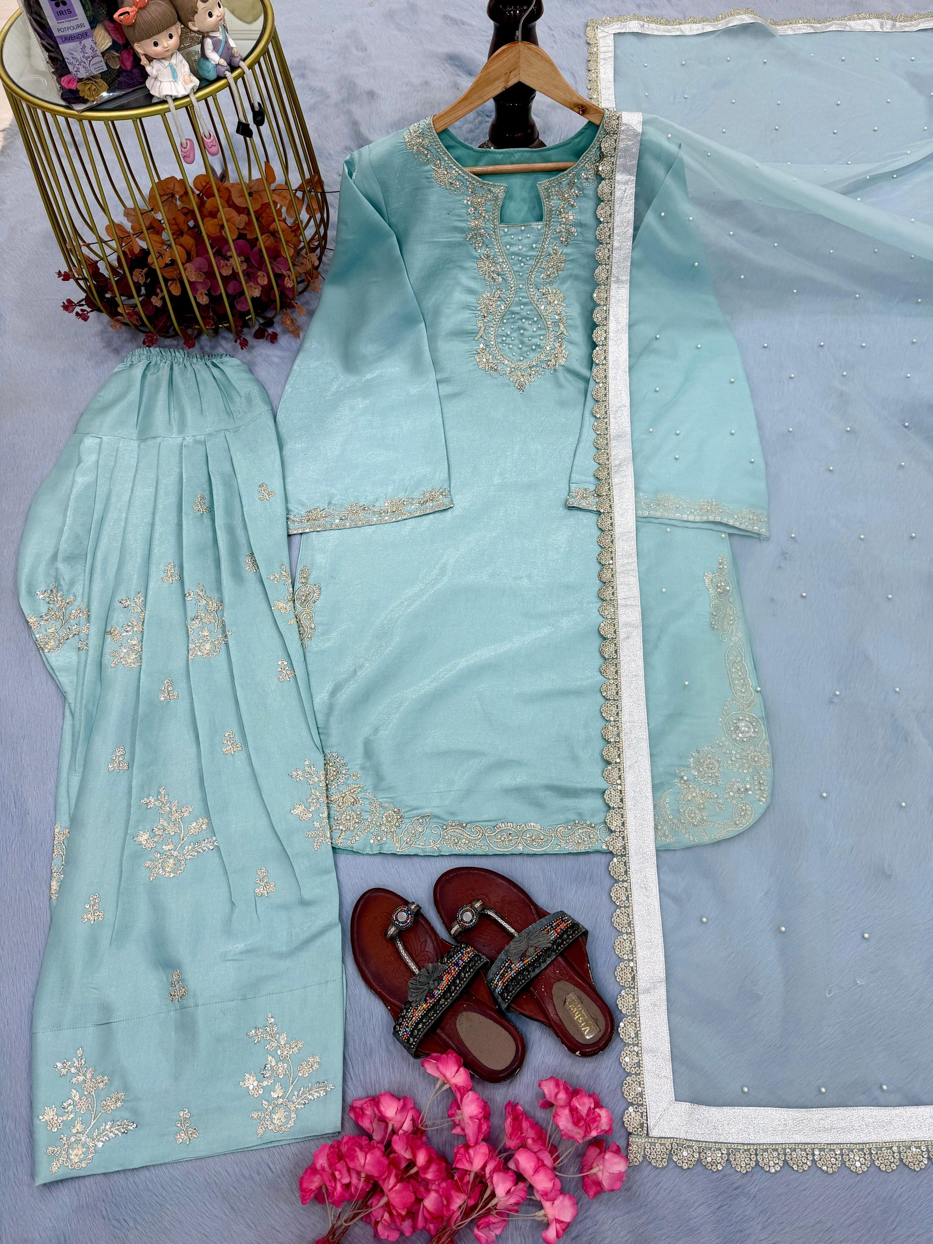 Embroidered Silk Kurta Set in Pastel Blue With Farshi salwar AF-040