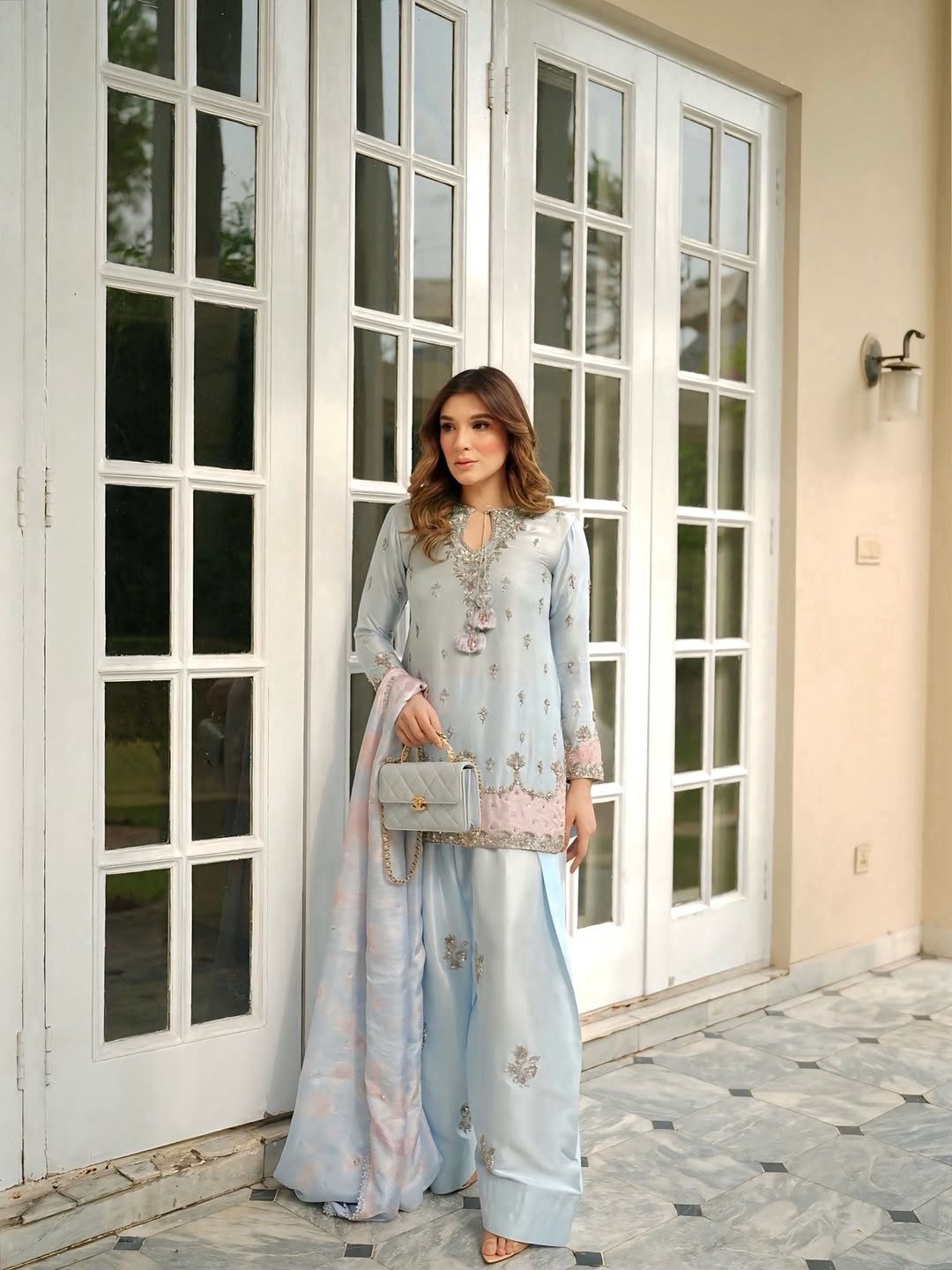 Mehrunisa Pastel Perfection Heavy Embroidered 3-Piece Silk Farshishalwar suit