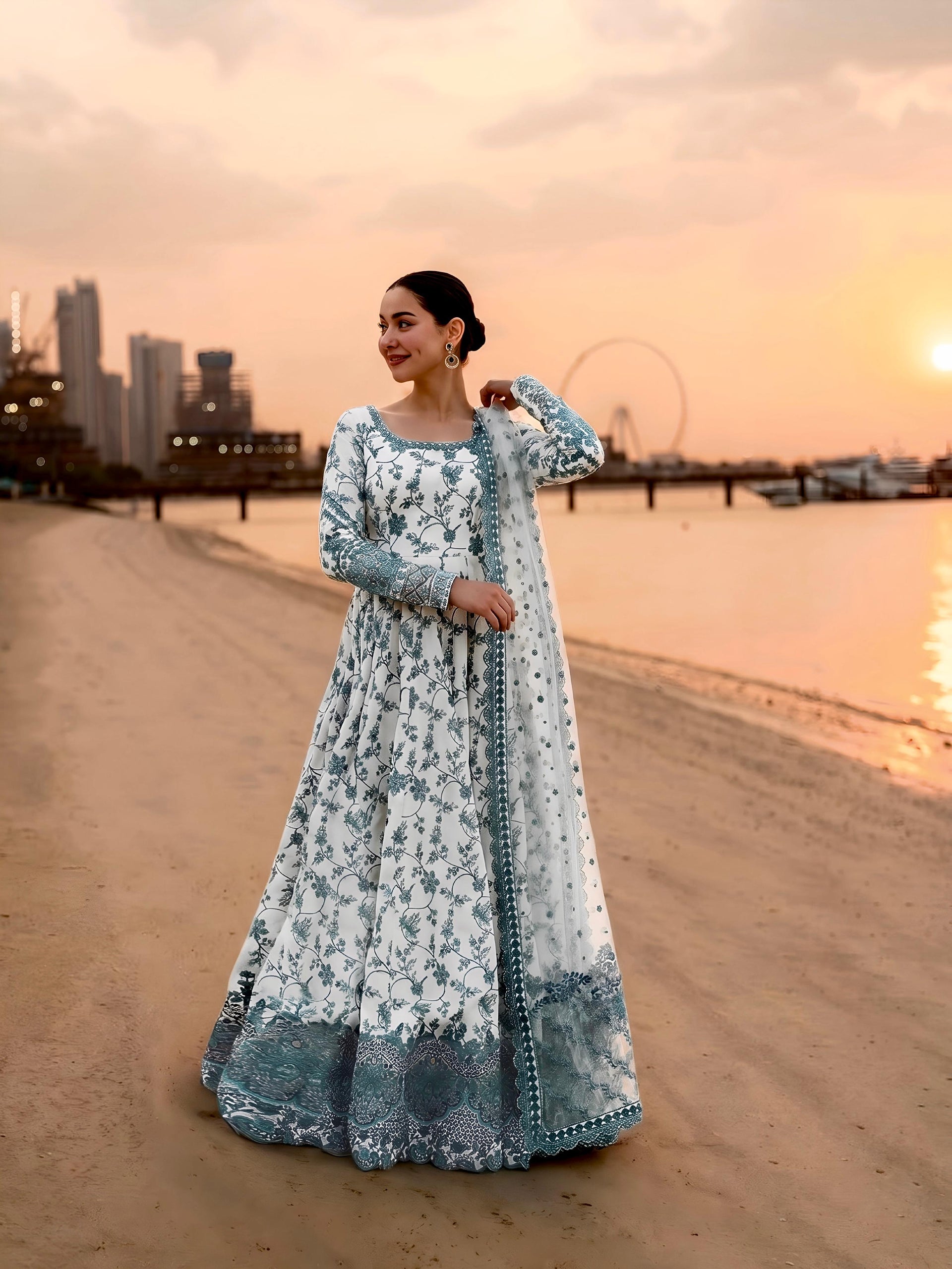 Hania Aamir Inspired Floral Embroidered Maxi"