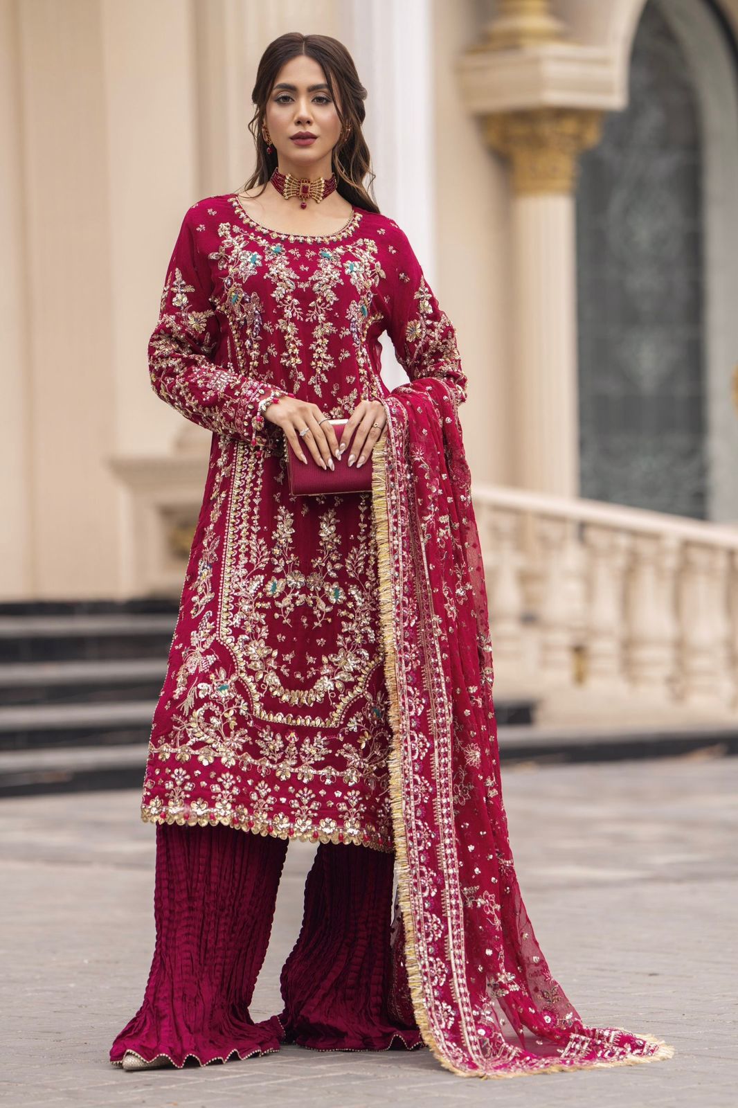 Intricate Zari Work Long Kurta & Pleated Sharara Set