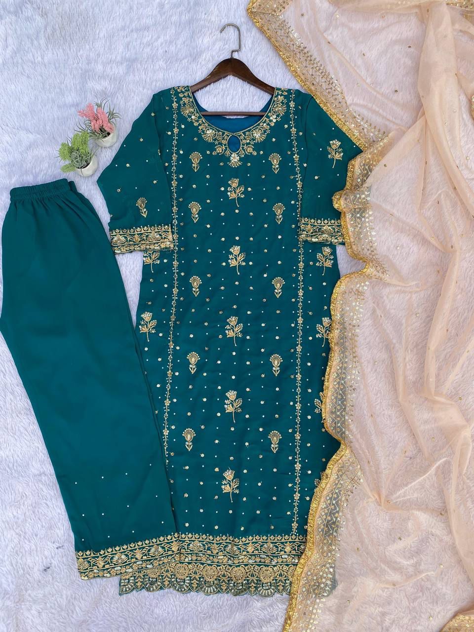 Elegant Sequin & Moti Embroidered Faux Georgette Suit Set