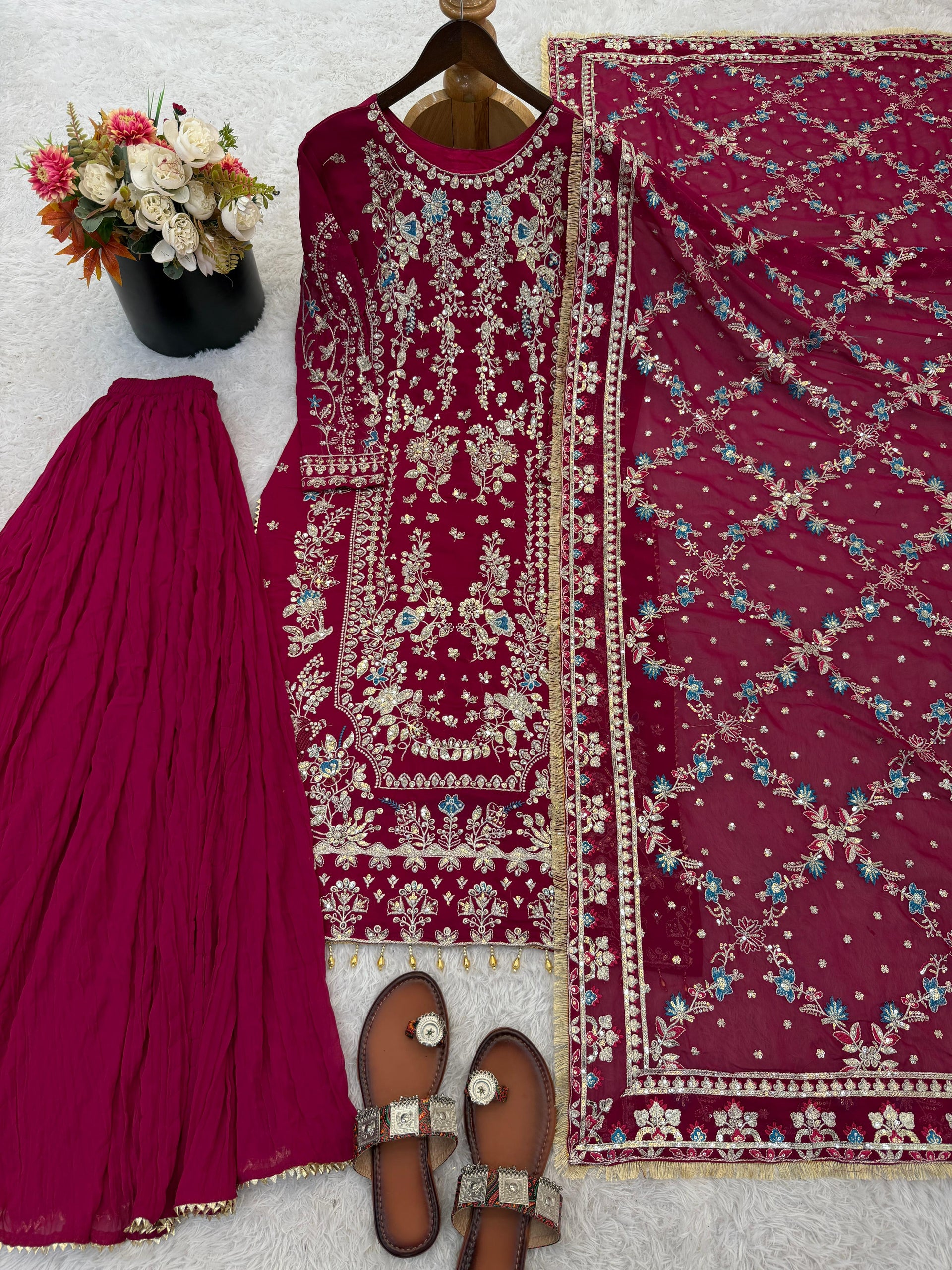 Intricate Zari Work Long Kurta & Pleated Sharara Set